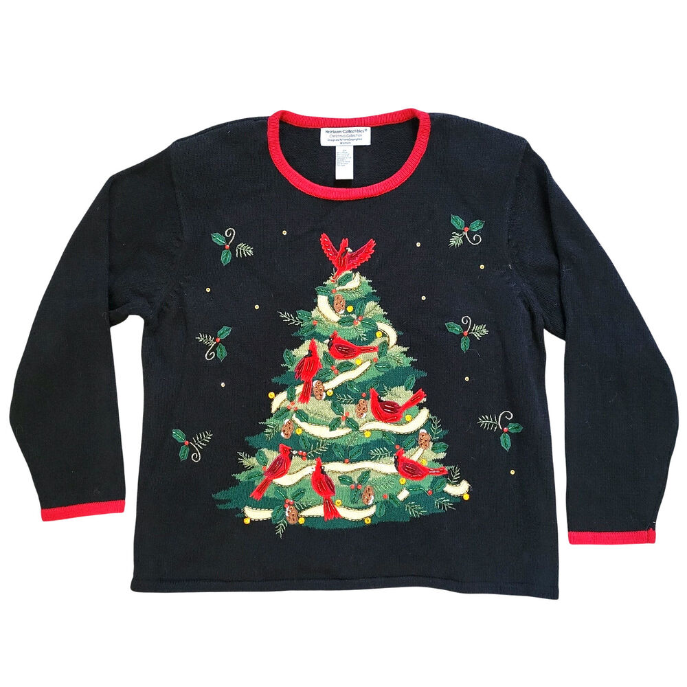 Heirloom Collectibles Womens 3X Christmas Sweater Black Tree Cardinals Beaded
